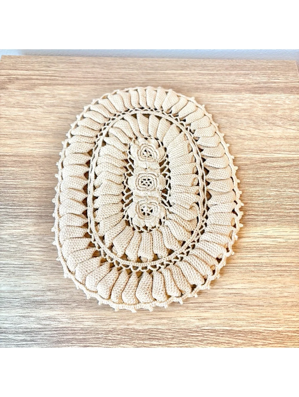 Vintage Handmade Crochet Oval Doily 8x10 Beige Floral Lace Table Centerpiece